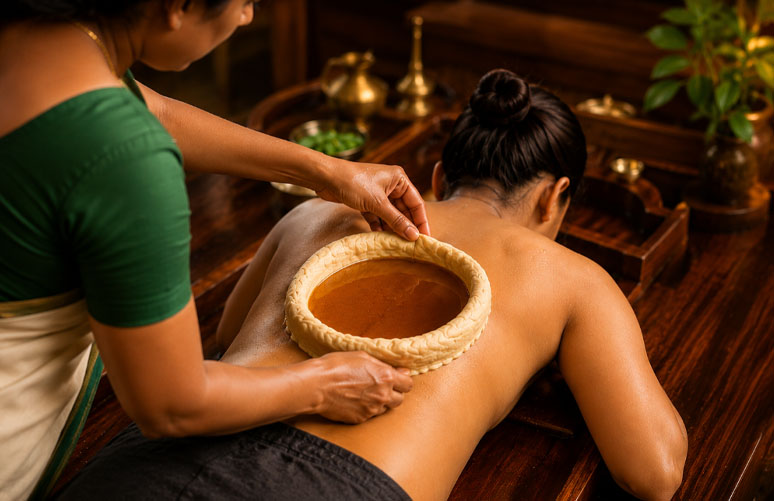 Kati Basti therapy for lower back pain at Akanta Ayurveda, Cherai Kerala